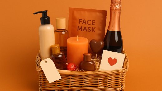Uma cesta de presentes com produtos de beleza, que é uma das ideias de kits de Dia dos Namorados.